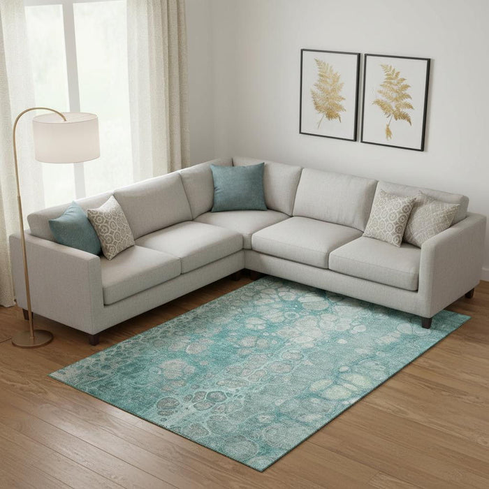 10' X 14' Abstract Washable Area Rug With UV Protection (708832) - Aqua / Gray / Silver