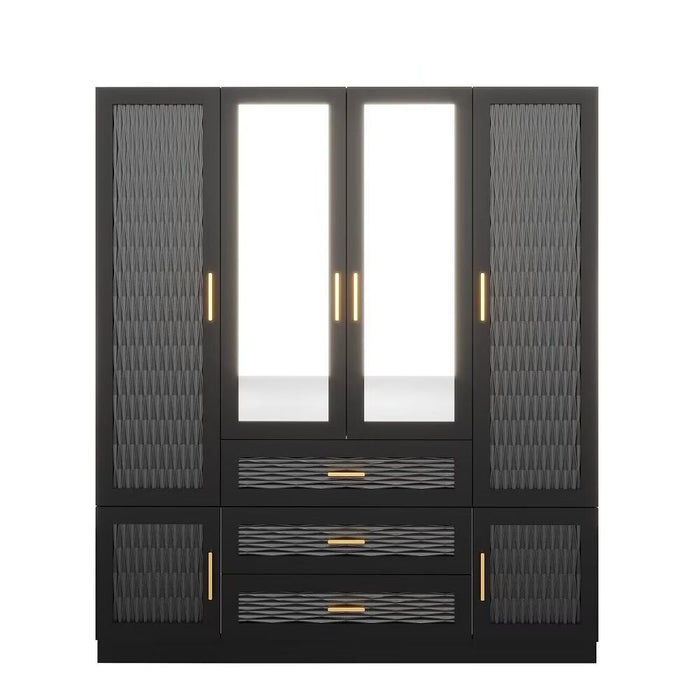 HomeRoots 71-inch carved geometric mirror wardrobe with six doors and three drawers in gold and gray finishes.