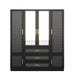 HomeRoots 71-inch carved geometric mirror wardrobe with six doors and three drawers in gold and gray finishes.