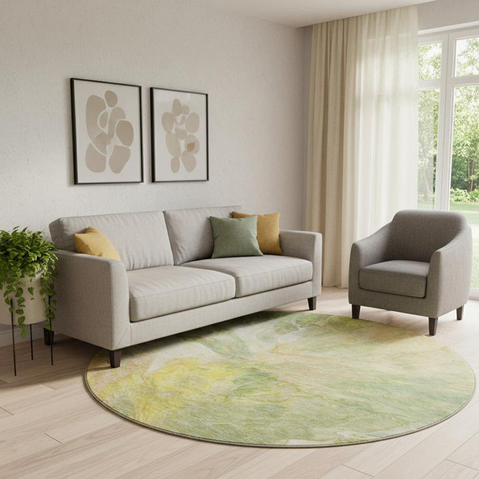 8' Abstract Washable Round Rug With UV Protection (653485) - Green / Peach / Yellow