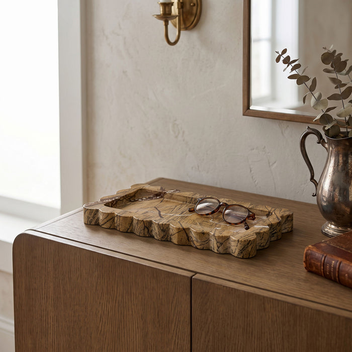 Josie Genuine Marble Tray in brown by Meridian Furniture, showing a rectangular marble tray with smooth polished surface and natural veining.