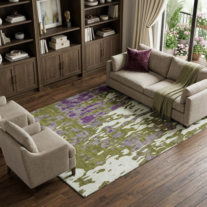 10' X 14' Abstract Washable Area Rug With UV Protection (675858) - Olive Green / Purple / Ivory