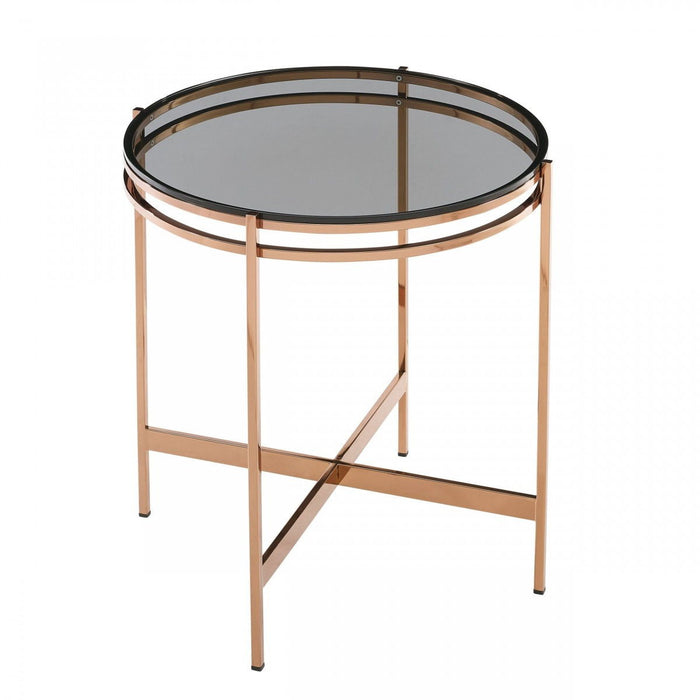 Glass Geo Round End Table - Rosegold And Smoke