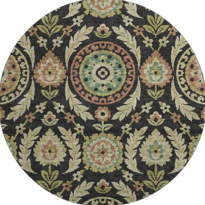 8' Copper Floral Washable Round Rug With UV Protection - Black