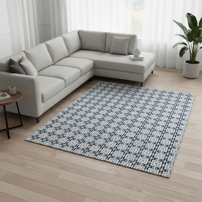 9' X 12' Geometric Washable Area Rug With UV Protection (645270) - Navy Blue / Ivory