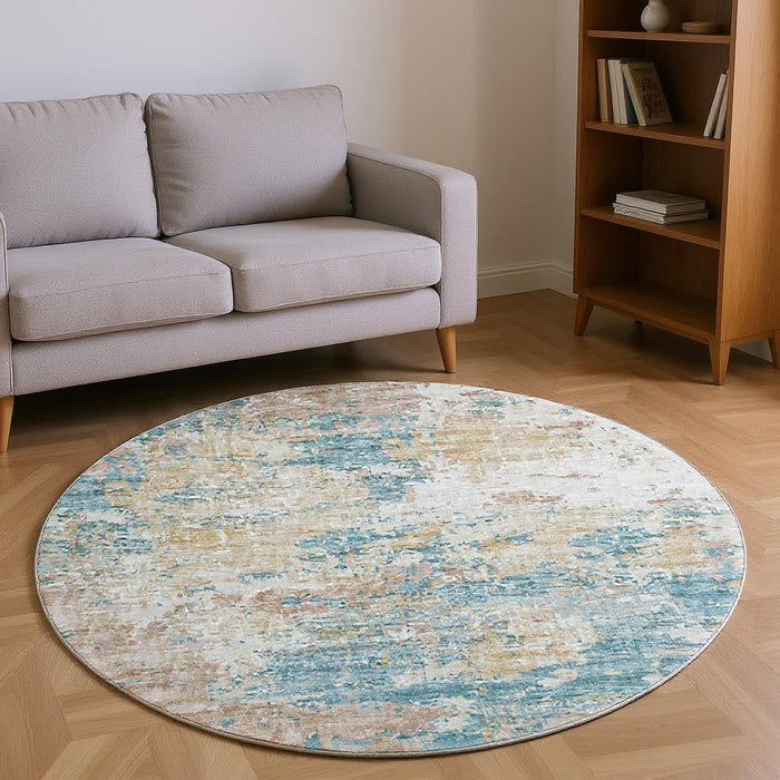 8' Copper Abstract Washable Round Rug With UV Protection - Teal Blue