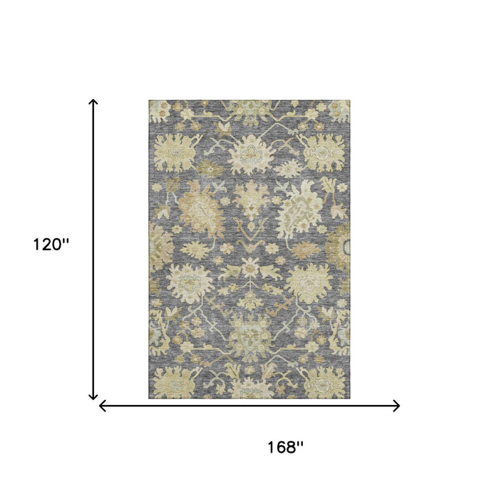 10' X 14' Floral Medallion Washable Area Rug With UV Protection (686861) - Gray / Ivory / Gold