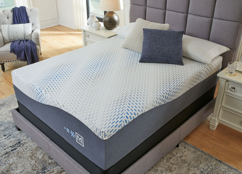 Ashley Furniture Millennium luxury plush gel latex hybrid mattress with sturdy foundation, showcasing soft surface and supportive construction.