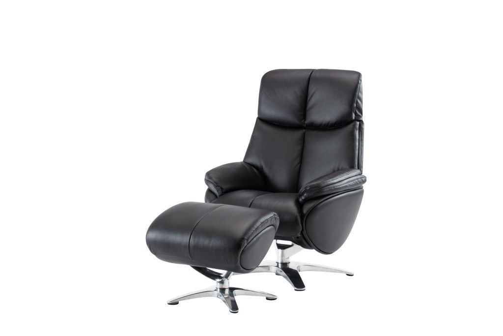 Black genuine leather tufted swivel recliner with matching ottoman, features a manual reclining mechanism and modern design.