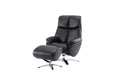 Black genuine leather tufted swivel recliner with matching ottoman, features a manual reclining mechanism and modern design.