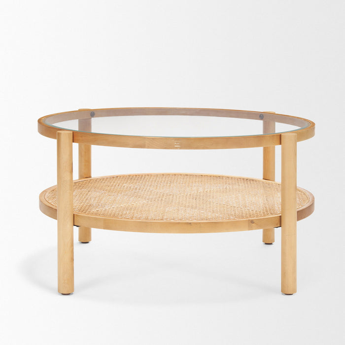 34" Glass And Solid Wood Round Coffee Table With Shelf - Clear And Natural