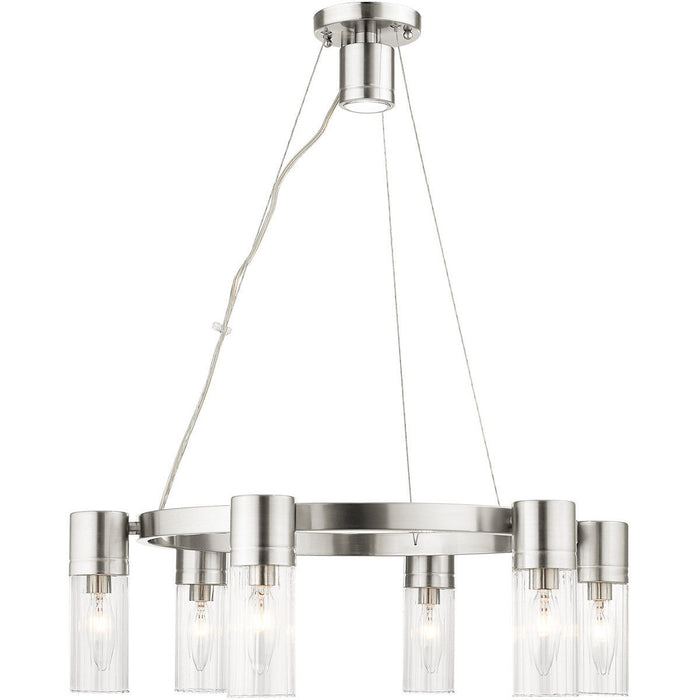 20" Six Light Metal Dimmable Chandelier With Shades - Nickel / Clear