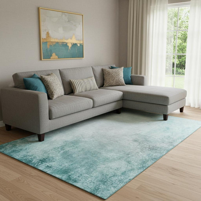 9' X 12' Abstract Washable Area Rug With UV Protection (650913) - Teal / Ivory