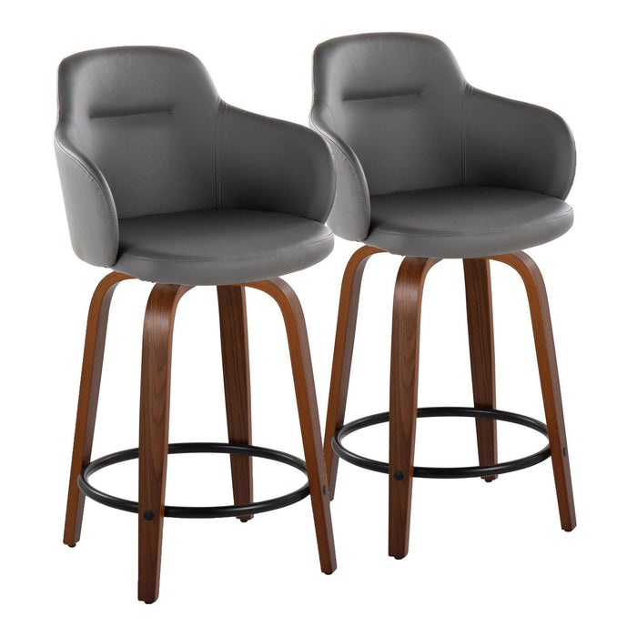 Boyne - 24" Fixed-Height Counter Stool With Swivel (Set of 2) - Walnut Wood, Gray Faux Leather And Round Black Metal Footrest