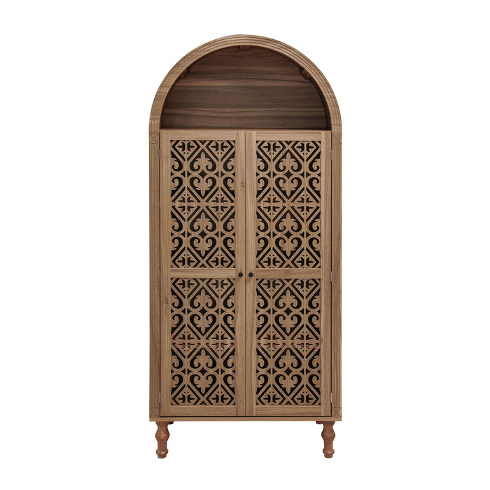 Giga tall walnut kitchen pantry cabinet with hollow carved doors and adjustable shelves for versatile kitchen storage.