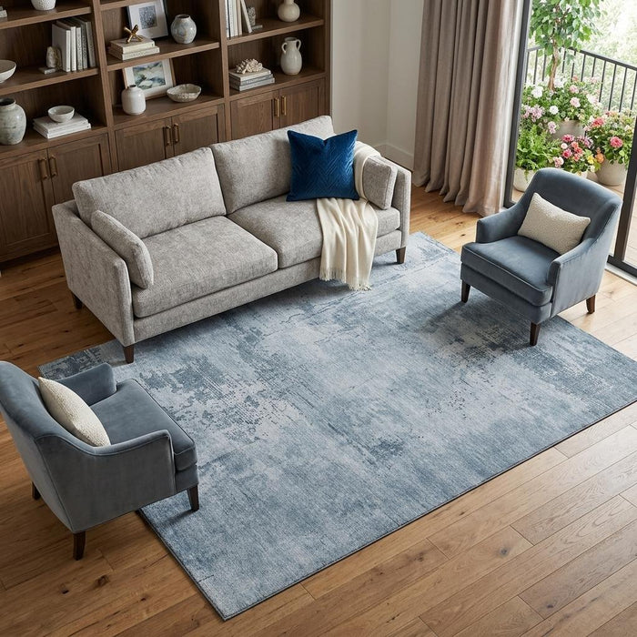 10' X 14' Abstract Washable Area Rug With UV Protection (683183) - Denim Blue / Ivory