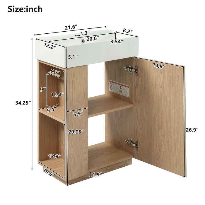 Giga bathroom vanity with sink, freestanding wood grain cabinet featuring storage drawers and modern design.