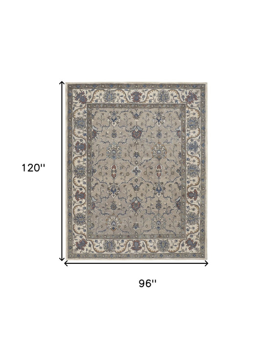 8' x 10' Wool Floral Hand Tufted Rectangle Area Rug - Ivory And Gray