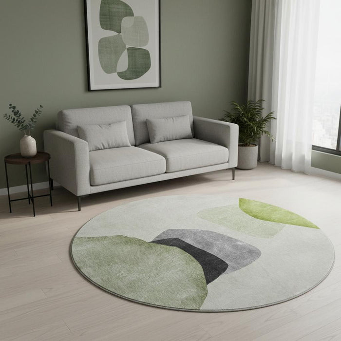 8' Abstract Washable Round Rug With UV Protection (648481) - Green / Gray