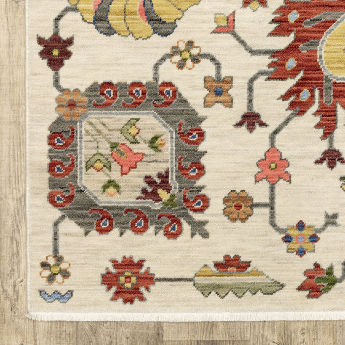 10' x 13' Oriental Power Loom Stain Resistant Area Rug With Fringe - Ivory Yellow Rust Green Gray Pink Orange Blue And Gray