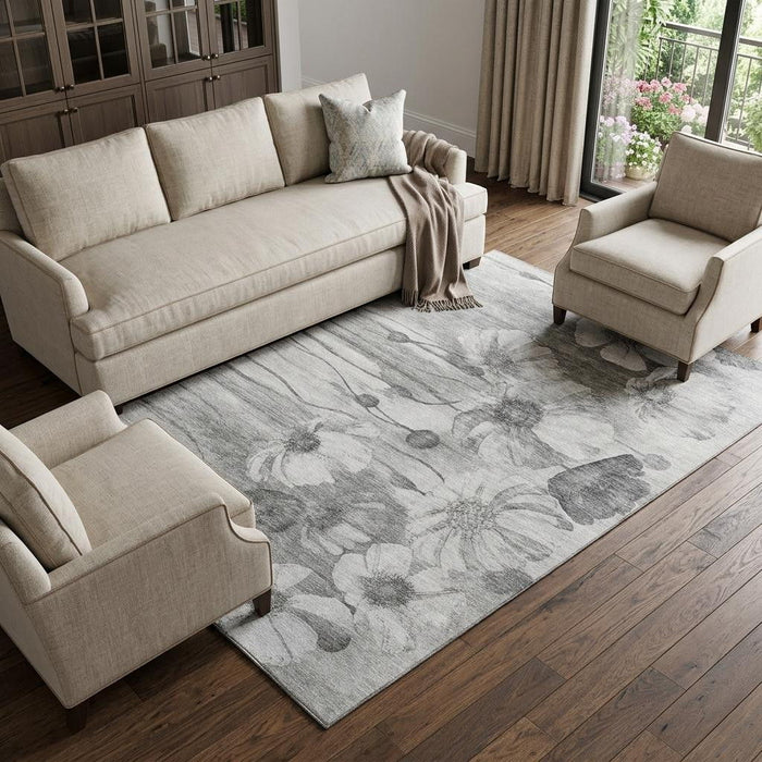 9' X 12' Floral Washable Area Rug With UV Protection (657304) - Gray / Silver