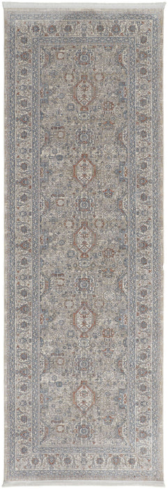 10' Oriental Power Loom Runner Rug With Fringe - Silver Taupe And Blue
