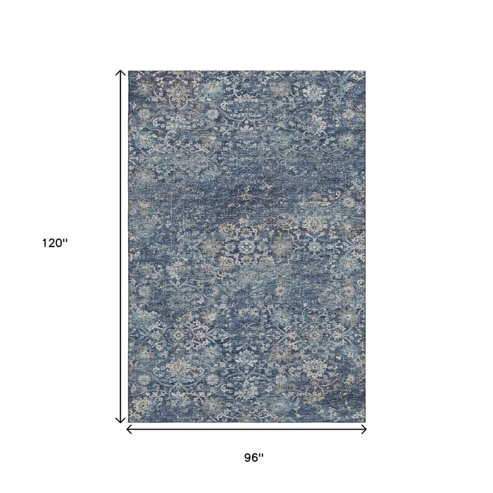 8' X 10' Floral Medallion Distressed Washable Area Rug With UV Protection (644220) - Blue / Gray