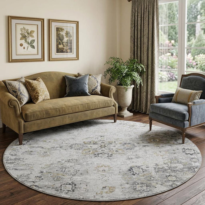 8' Floral Medallion Distressed Washable Round Rug With UV Protection (644201) - Light Gray / Charcoal