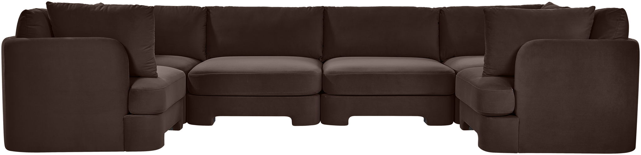 Meridian Furniture Hammond velvet performance fabric U-shaped sectional with plush cushions and modern design, six-piece stationary sofa set.