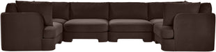 Meridian Furniture Hammond velvet performance fabric U-shaped sectional with plush cushions and modern design, six-piece stationary sofa set.