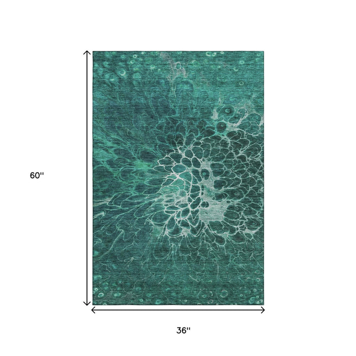 3' X 5' Abstract Washable Area Rug With UV Protection (654585) - Teal / Ivory