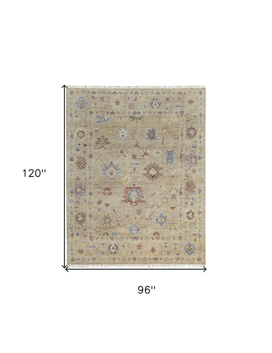 8' x 10' Wool Floral Hand Knotted Area Rug With Fringe - Tan Brown And Blue