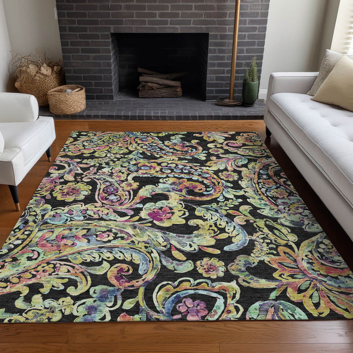 10' X 14' Paisley Washable Area Rug With UV Protection - Black