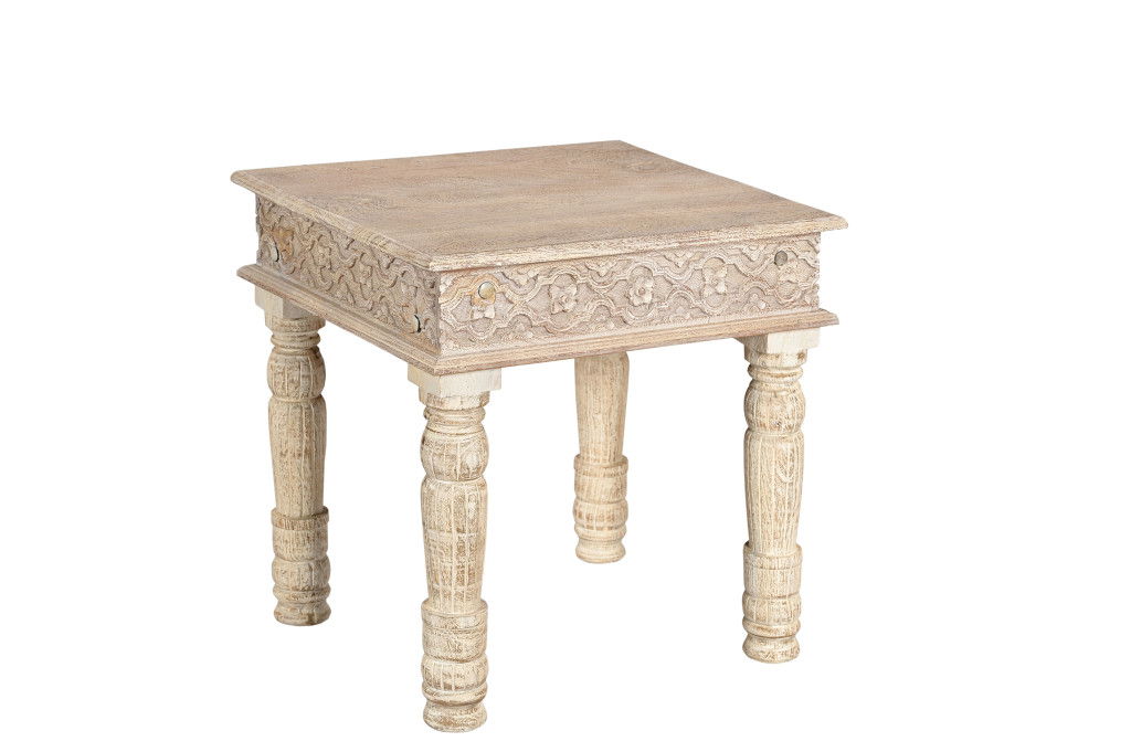 Distressed Solid Wood Square End Table - White