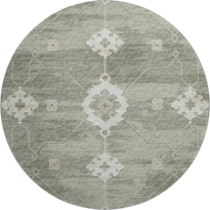 8' Floral Medallion Washable Round Rug With UV Protection - Olive Green And Ivory