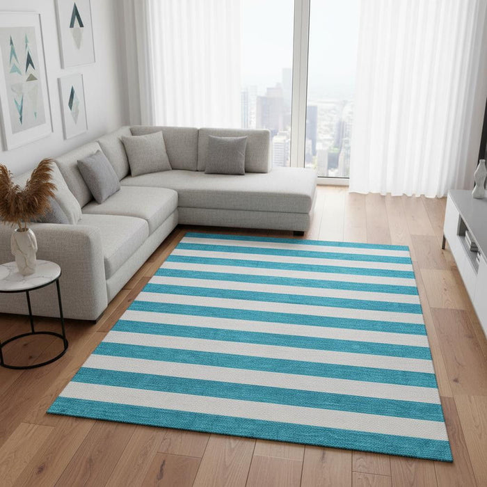 10' X 14' Striped Washable Area Rug With UV Protection (647674) - Teal / Ivory