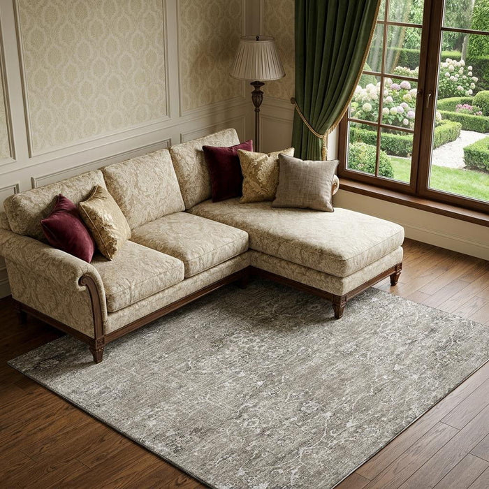 9' X 12' Floral Medallion Distressed Washable Area Rug With UV Protection (644209) - Stone / Coffee