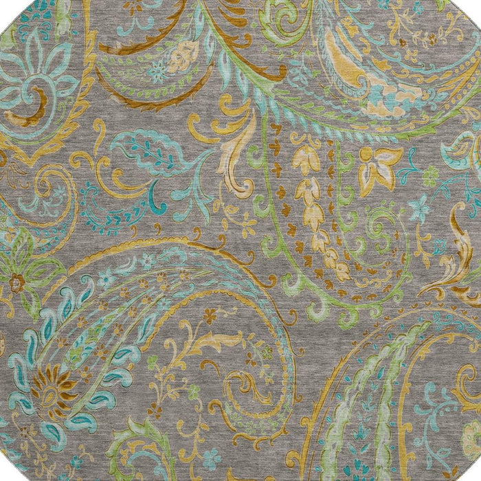 8' Paisley Washable Round Rug With UV Protection (648001) - Taupe / Green / Blue