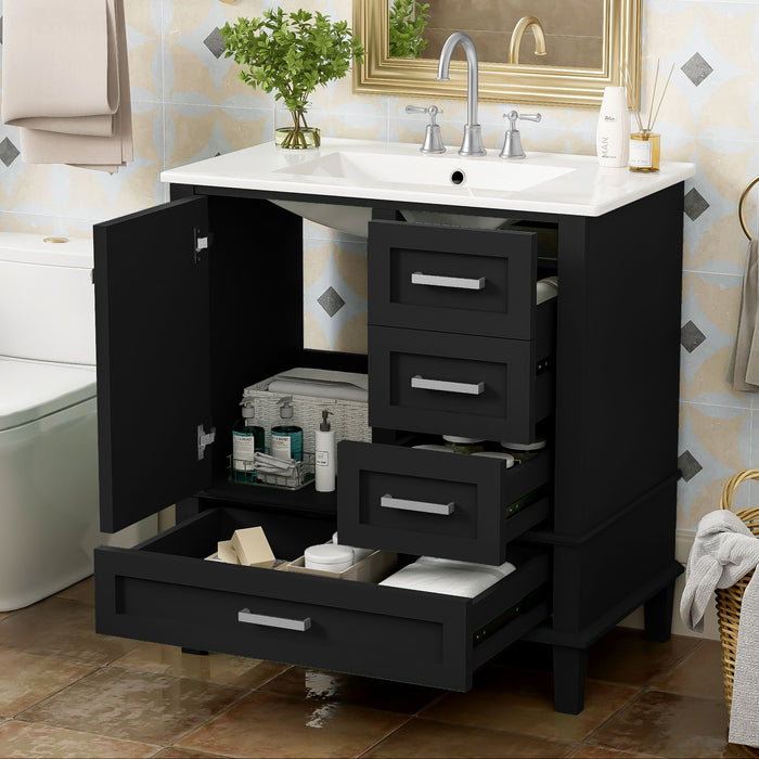 Modern Giga bathroom vanity with sink combo, solid wood frame, soft-close door, and three drawers for stylish bathroom storage.