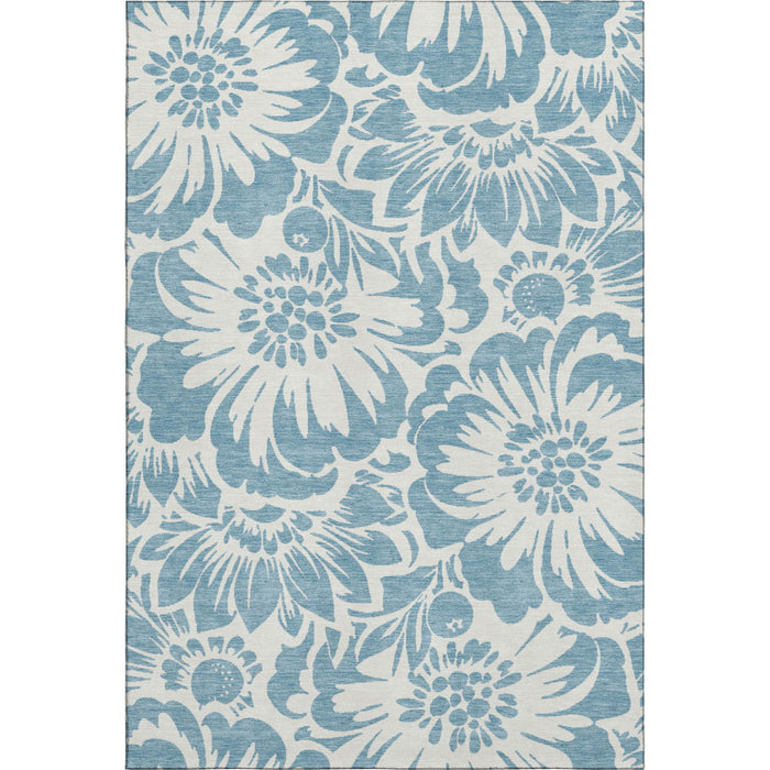 8' X 10' Floral Washable Area Rug With UV Protection (648638) - Denim Blue / Ivory