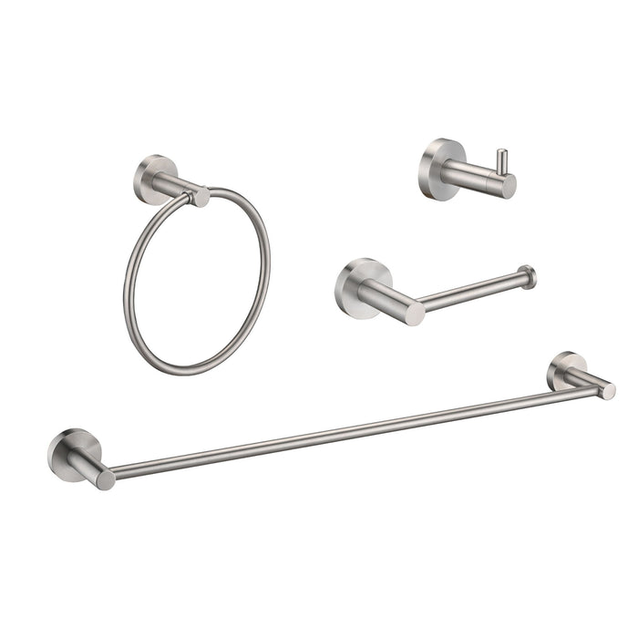 Giga brushed nickel bathroom organization set with towel bar, toilet paper holder, ring, and hook in stainless steel finish