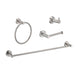 Giga brushed nickel bathroom organization set with towel bar, toilet paper holder, ring, and hook in stainless steel finish