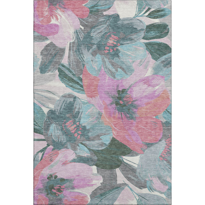 10' X 14' Floral Washable Area Rug With UV Protection (694014) - Teal / Blush / Ivory