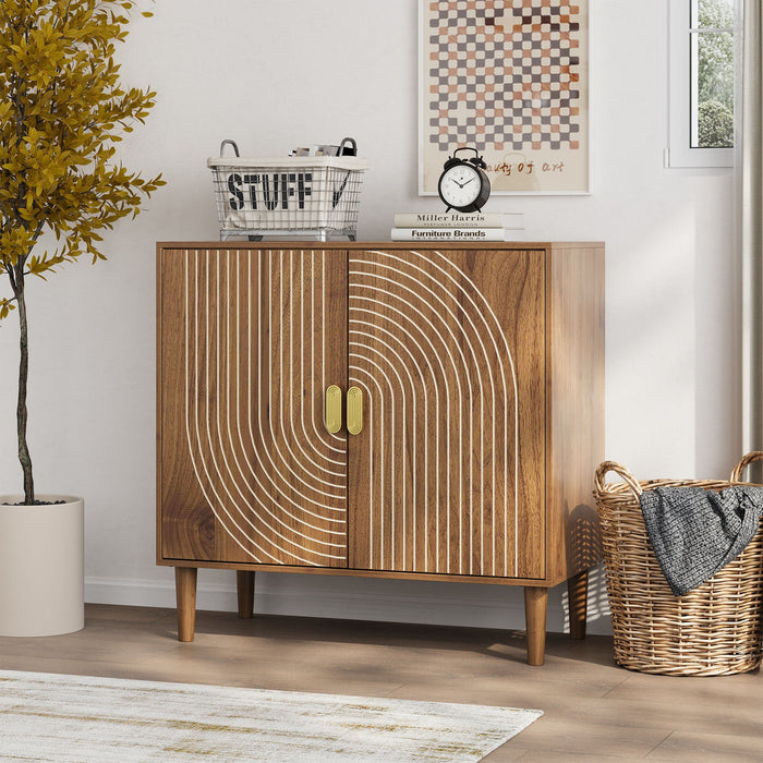 Brown Giga sideboard buffet cabinet with line groove design, storage compartments, ideal for living room, entryway, or kitchen.