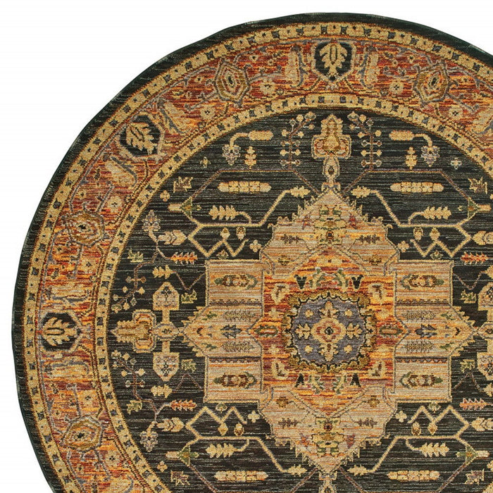 8' Round Oriental Power Loom Area Rug - Black And Gold