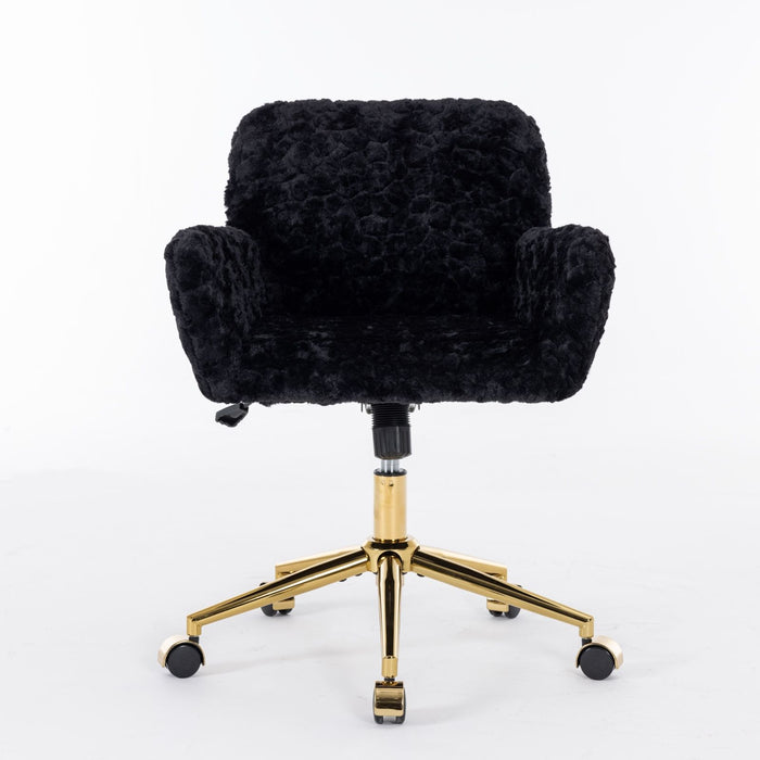 Giga swivel office chair with artificial rabbit hair upholstery, metal base, adjustable height, and 360-degree swivel for home or vanity use.