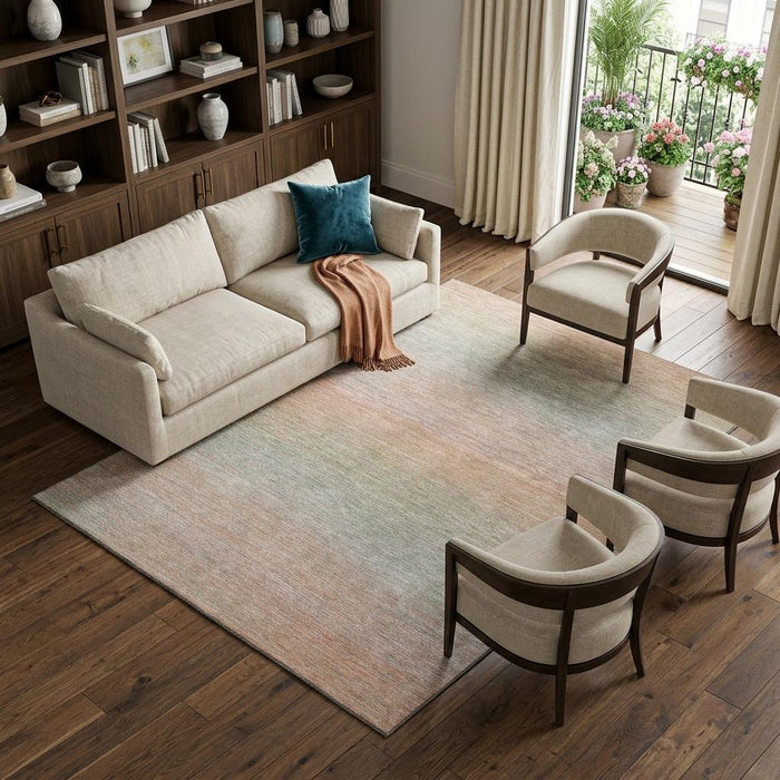 10' X 14' Striped Washable Area Rug With UV Protection (692781) - Coral / Denim Blue / Salmon