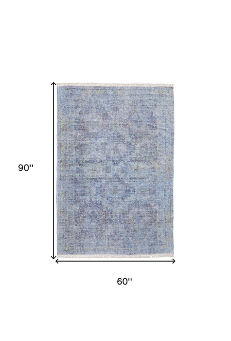 5' X 8' Abstract Hand Woven Distressed Area Rug With Fringe - Blue And Ivory