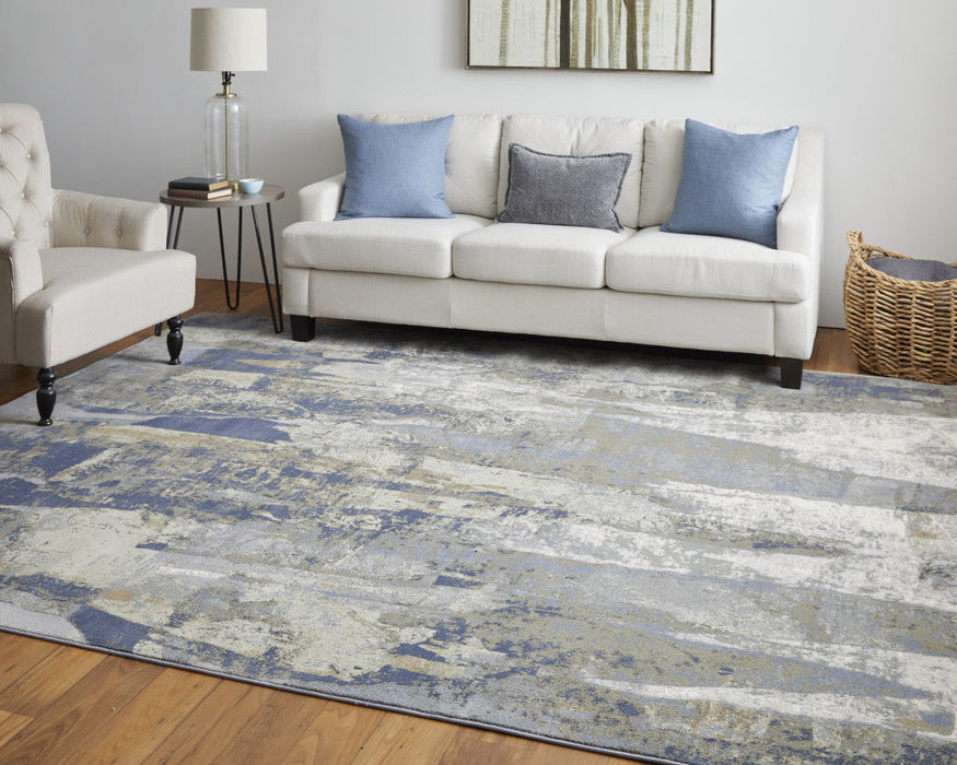 12' x 15' Abstract Power Loom Distressed Area Rug - Blue Gray And Tan