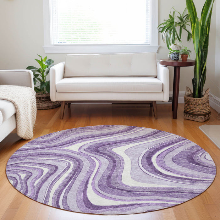8' Marble Washable Round Rug With UV Protection - Lavender And Ivory